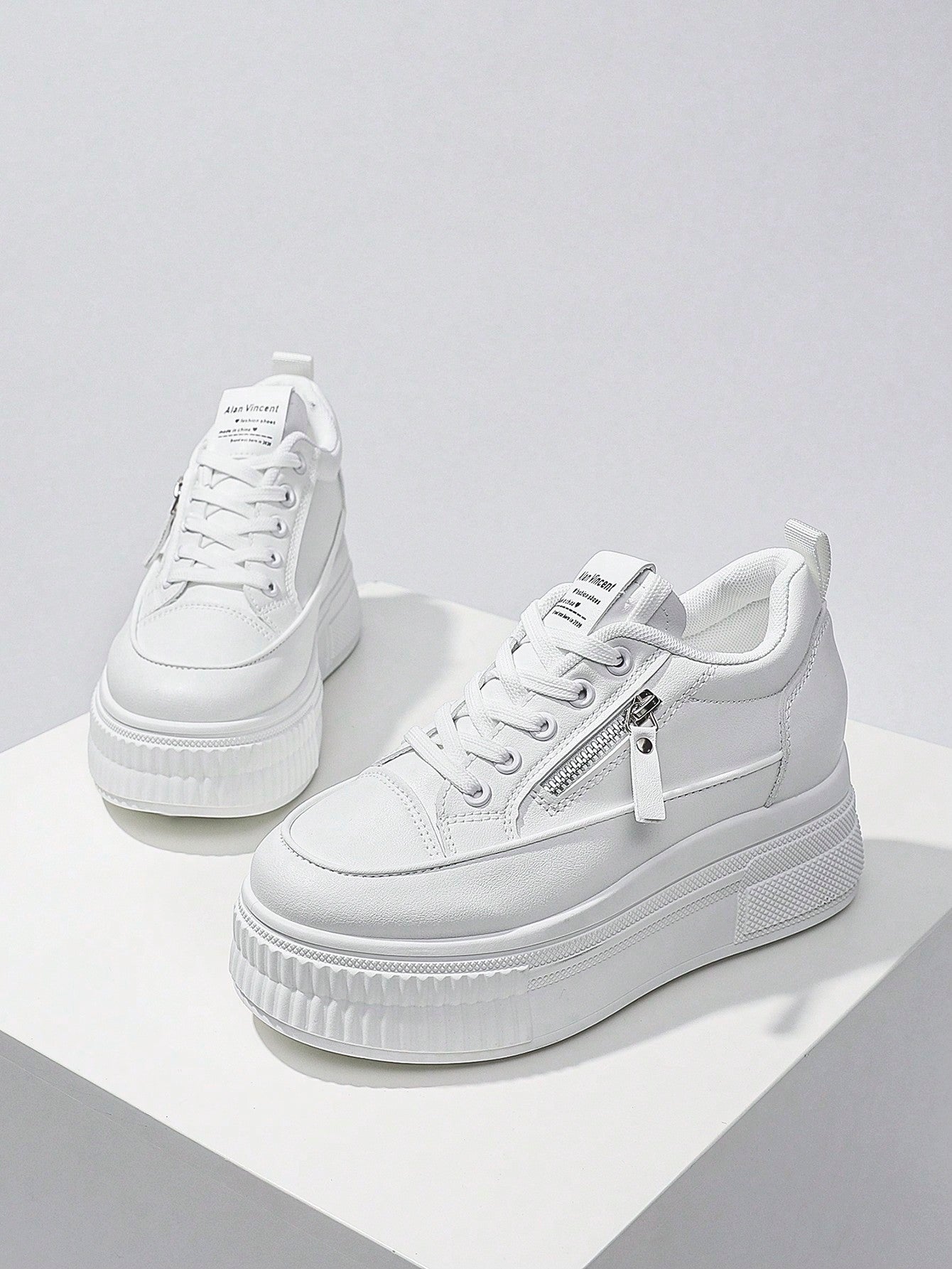 New Style Casual Shoes For Women, Ladies Platform Shoes With  Zipper, White Shoes, Outdoor Comfortable Sneakers, Internal Increase 5cm, Party Shoes, Suitable For Short Women-White-3