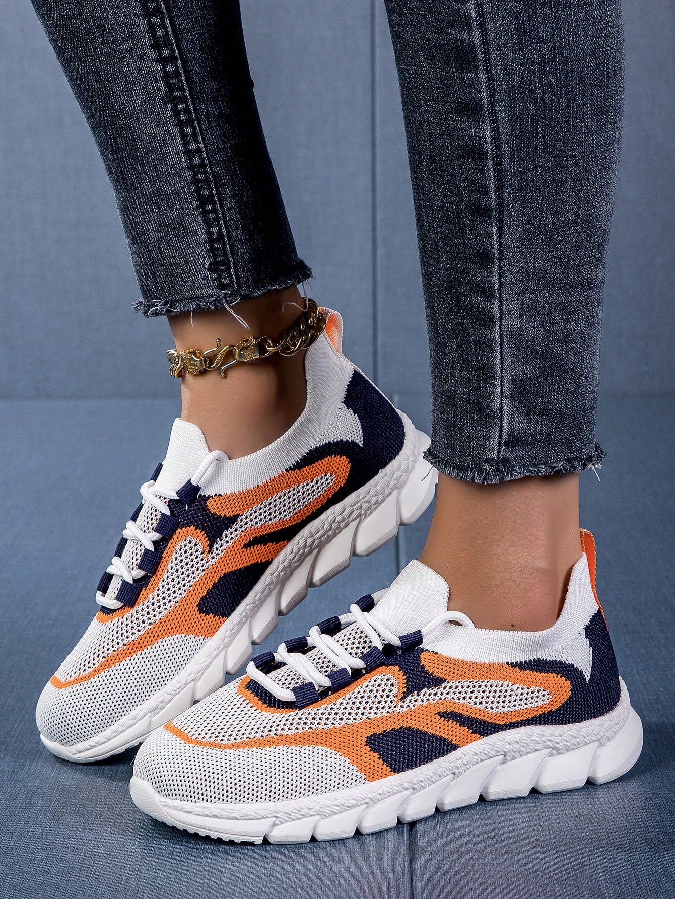 Women's Casual Running Shoes, New Spring And Autumn Soft Sole Color Block Breathable Casual Shoes, All-Match Sports Shoes, Personality Trendy Fashion, Slip-Resistant, Odor-Resistant, Wear-Resistant, Lightweight, Outdoor Driving And Work Shoes,-Orange-1