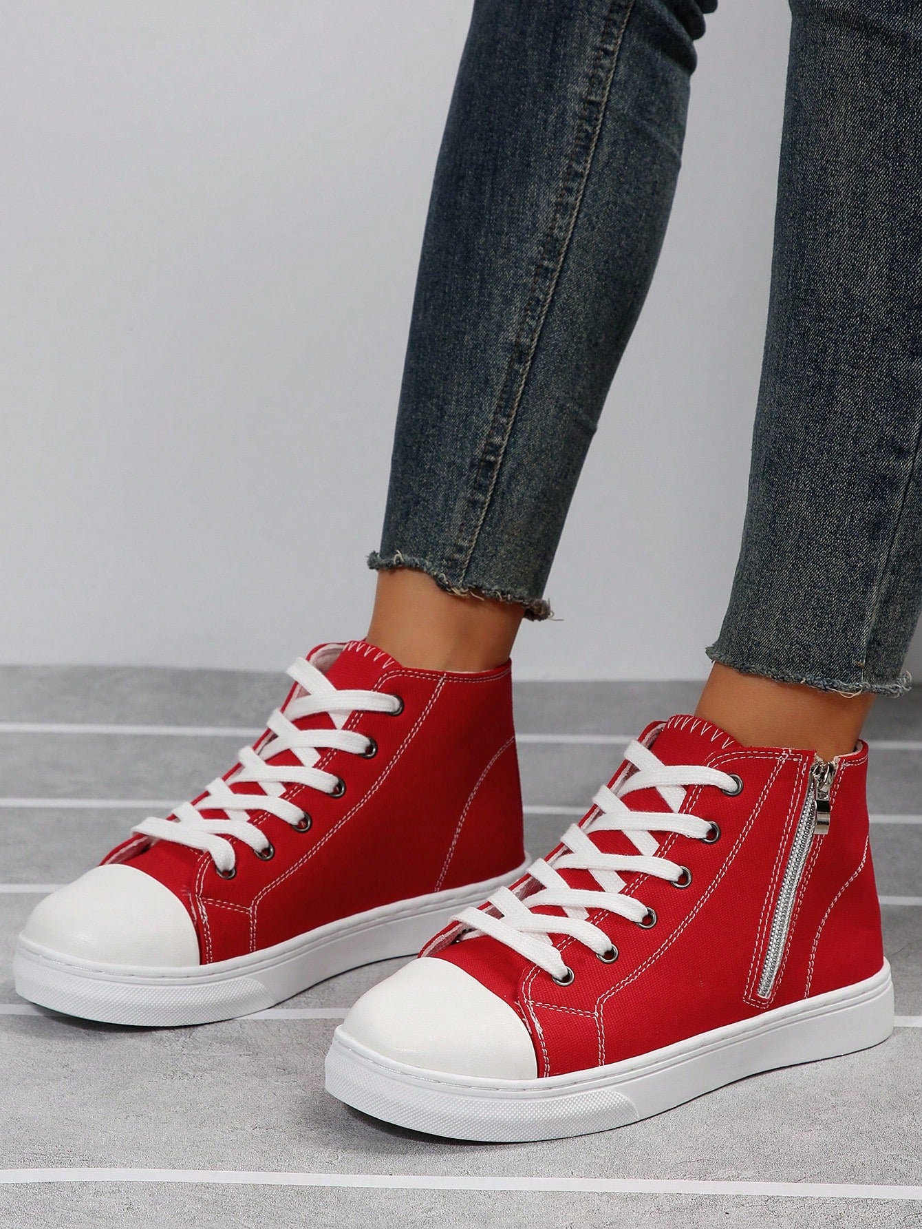 Women Fashionable Soft Classic Round Toe Lace-Up Canvas High-Top Casual Sports Shoes For All Seasons-Red-1