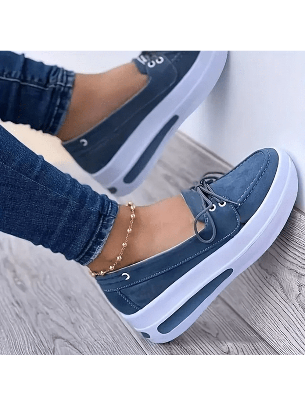 Women Block Shoes Slip On Closed Toe Platform Flat Wedge Casual Lace Up Sneakers-Blue-1