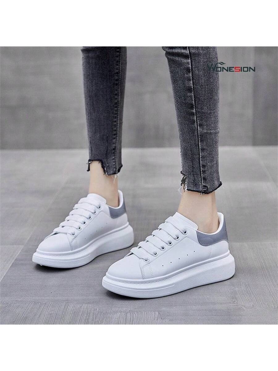 Wonesion Men Women White Shoes Unisex Breathable Lightweight Leather Lace Up Platform Oversized Sneakers Casual Couple Shoes-Silver-2