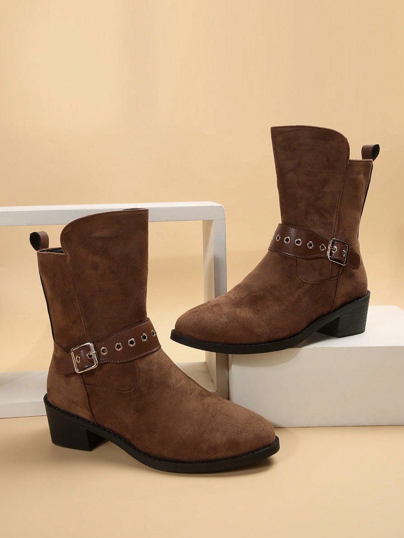Chunky Heel Mid-calf Knight Boots For Women, New Vintage Suede Western Style Fashion Boots, Spring And Autumn-Brown-2