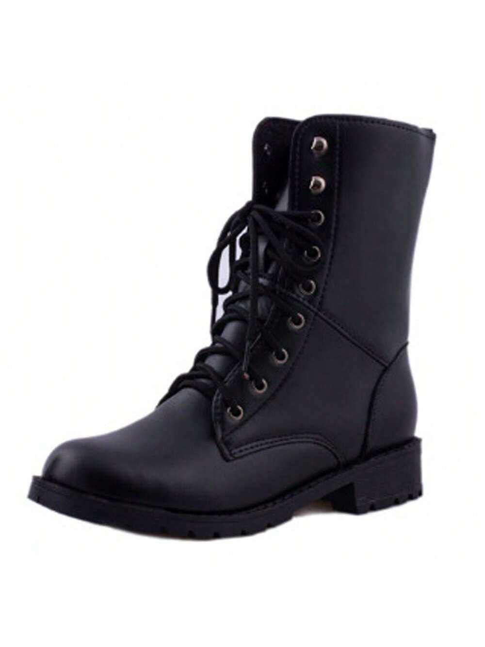 1 Pair Fashionable British-Style Mid-Heel Boots With Laces For Men And Women, Motorcycle Boots-Black-1