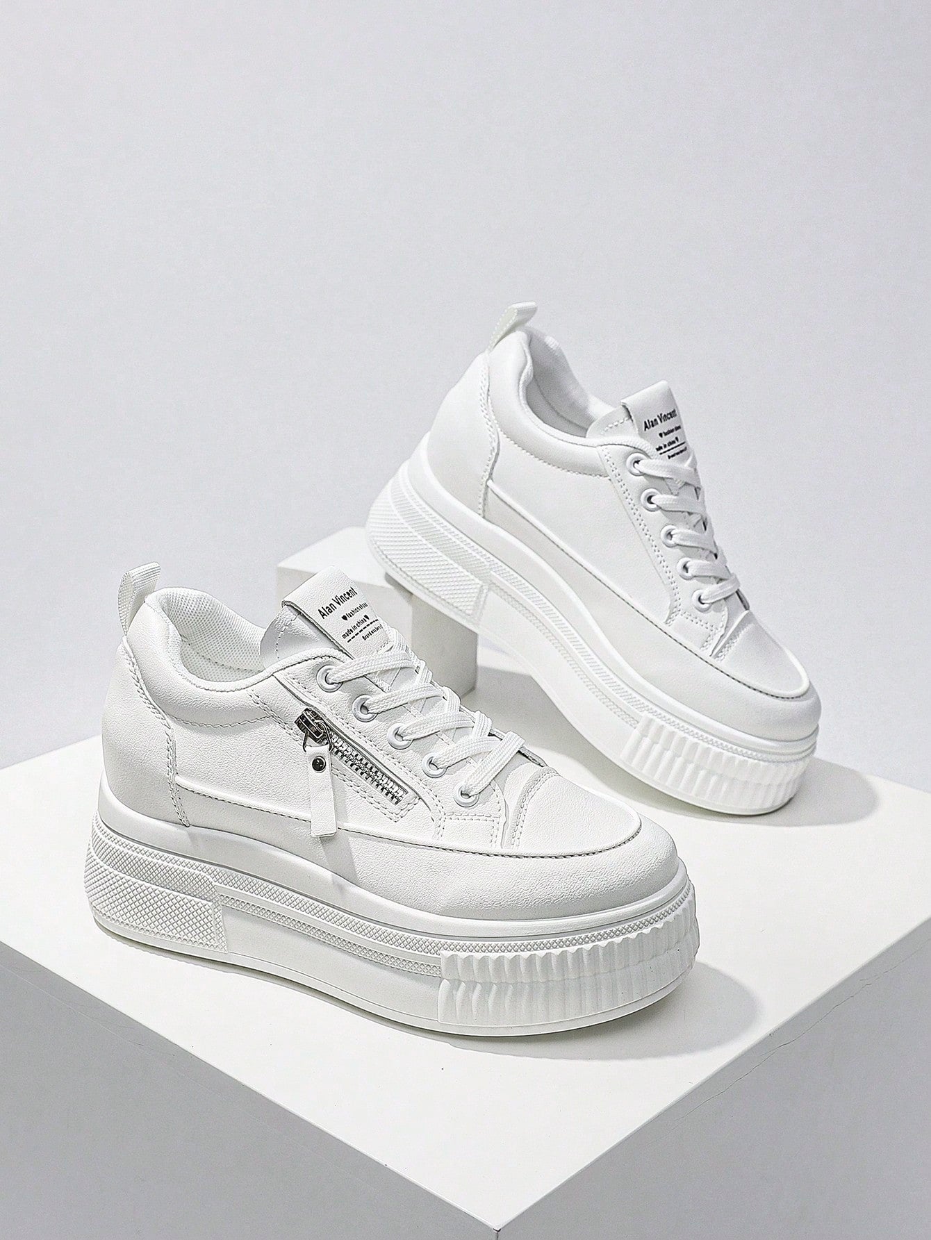 New Style Casual Shoes For Women, Ladies Platform Shoes With  Zipper, White Shoes, Outdoor Comfortable Sneakers, Internal Increase 5cm, Party Shoes, Suitable For Short Women-White-1