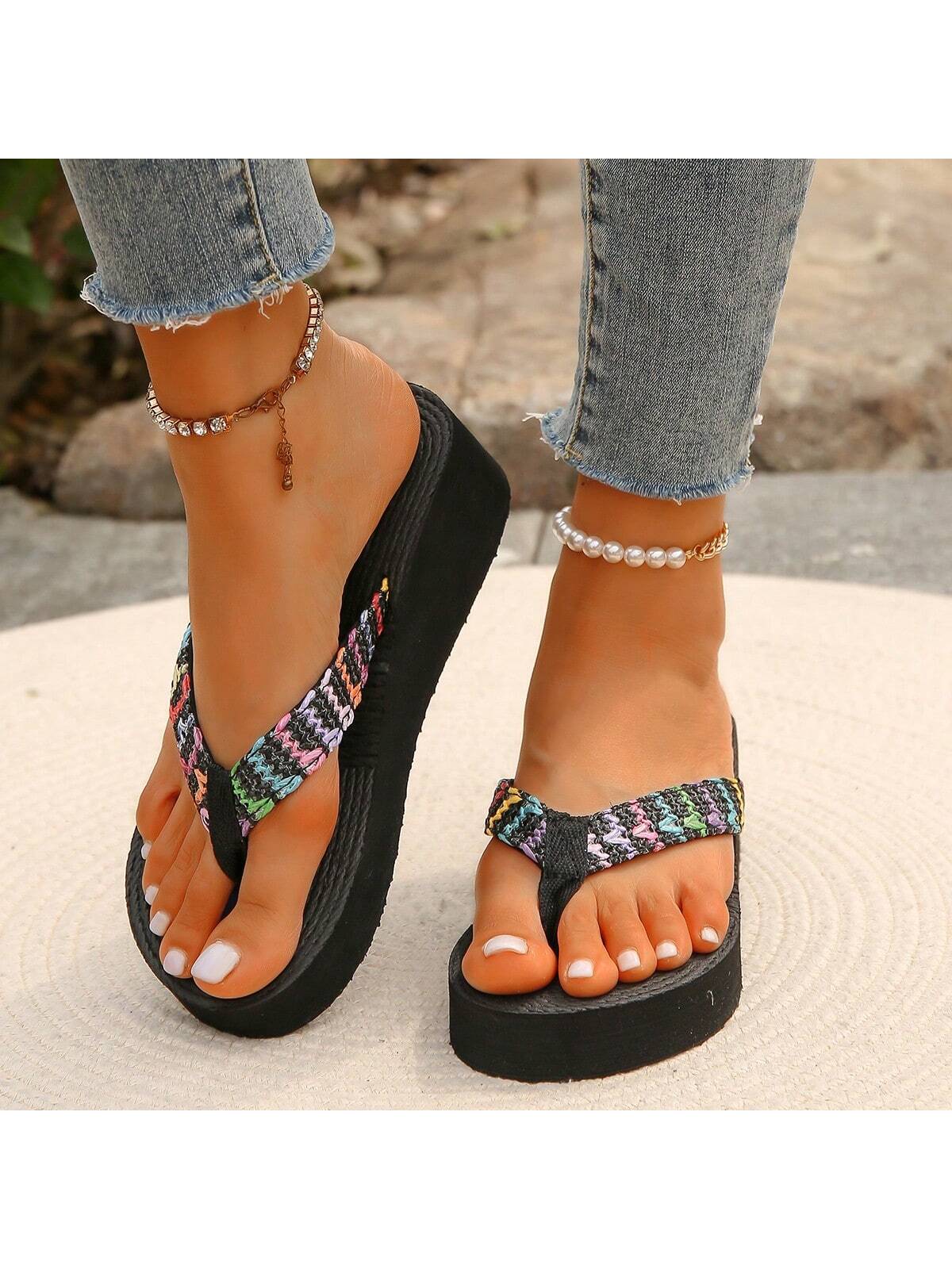 Women Thick-Soled 5cm Wedge Heel  Rope Flip-Flops Shoes, Anti-Slip And Wear-Resistant, Suitable For Casual Beach Holiday, Summer Wind Slope Heeled Slippers-Black-2