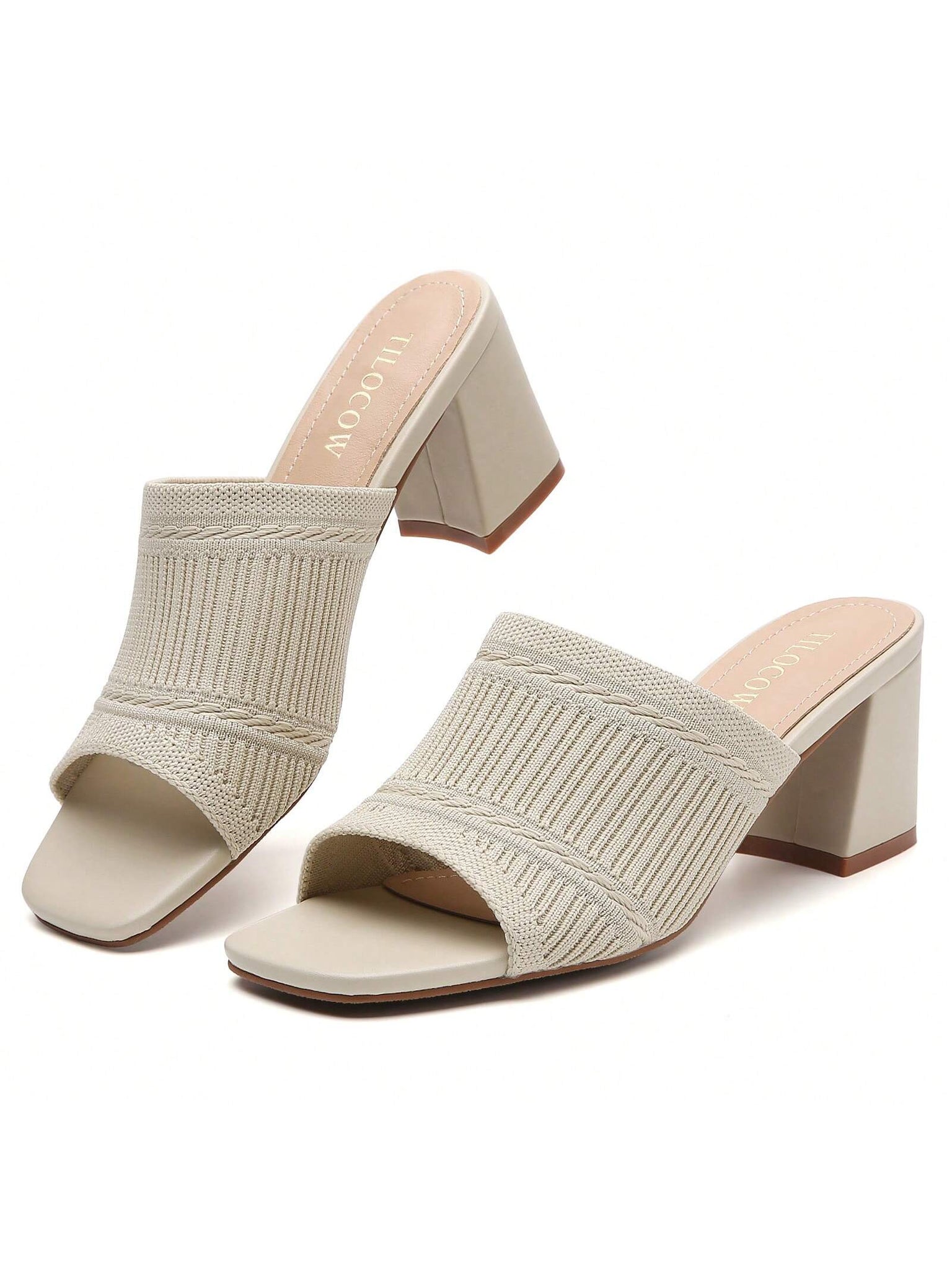 Tilocow Knit Heeled Sandals Chunky Low Block Heel Mules For Women Square Open Toe Heels Slip On Breathable Slides Sandal-Beige-2