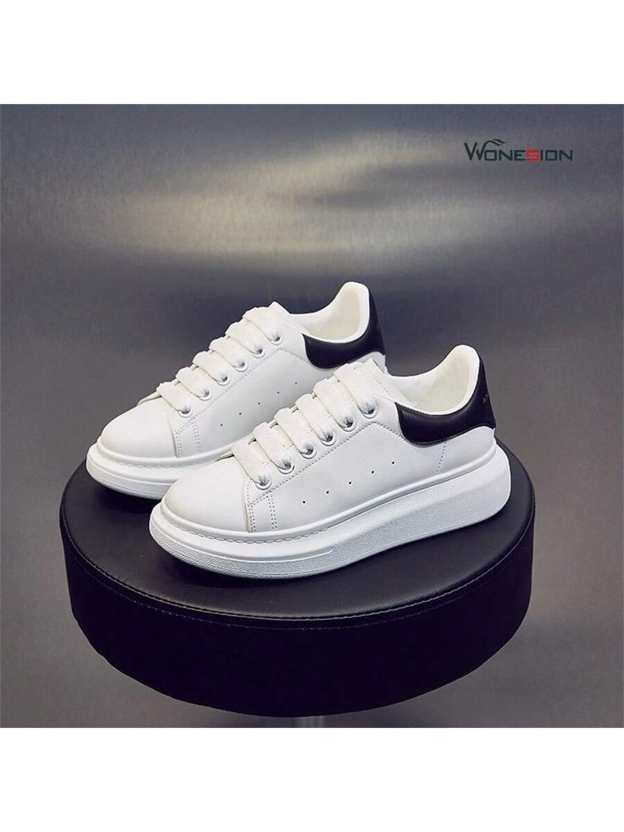 Wonesion Men Women White Shoes Unisex Breathable Lightweight Leather Lace Up Platform Oversized Sneakers Casual Couple Shoes-Black-1