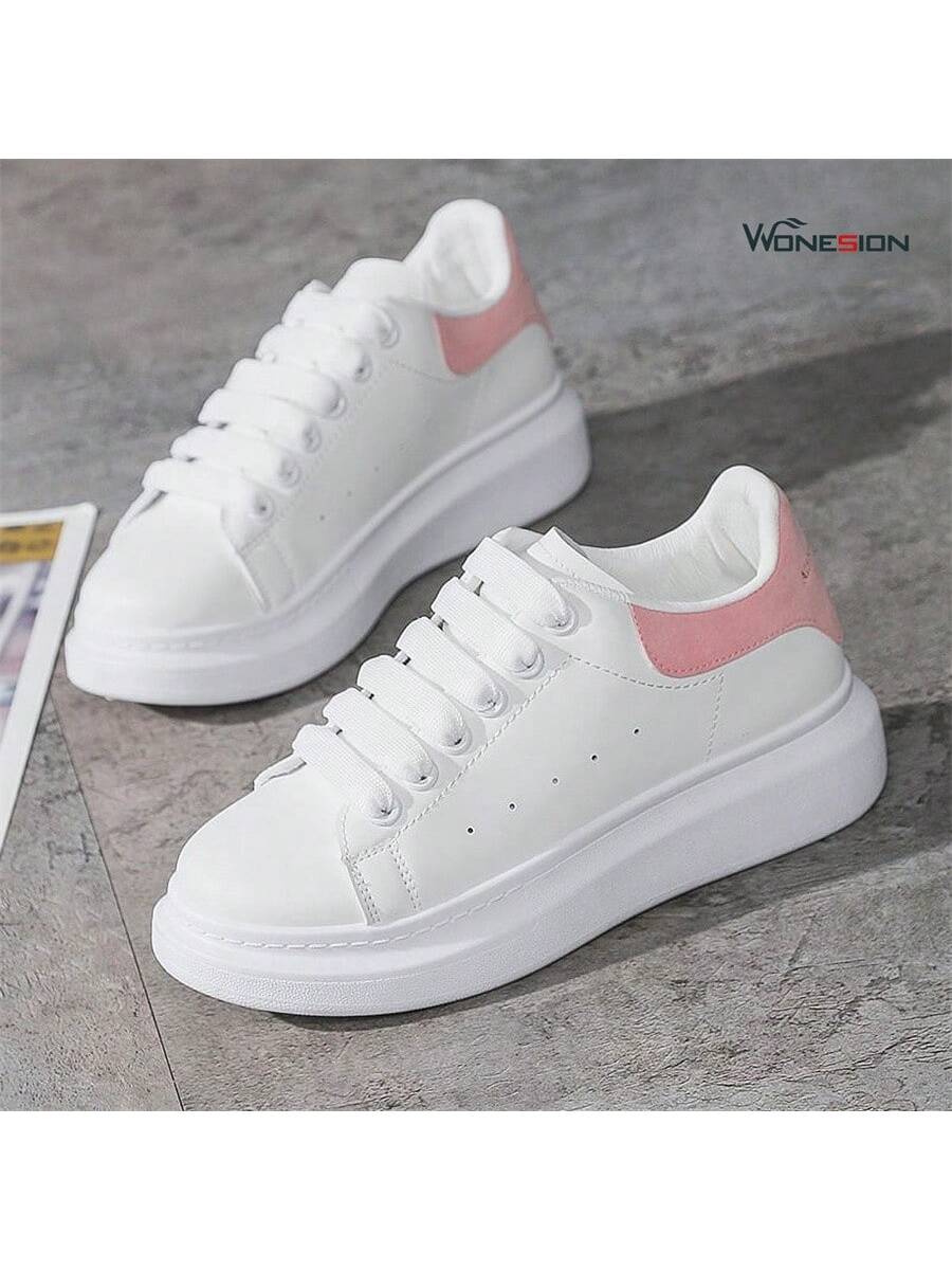 Wonesion Men Women White Shoes Unisex Breathable Lightweight Leather Lace Up Platform Oversized Sneakers Casual Couple Shoes-Pink-2