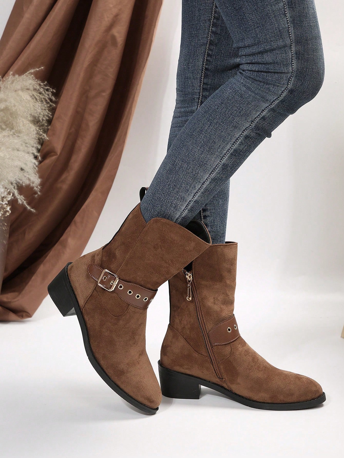 Chunky Heel Mid-calf Knight Boots For Women, New Vintage Suede Western Style Fashion Boots, Spring And Autumn-Brown-1